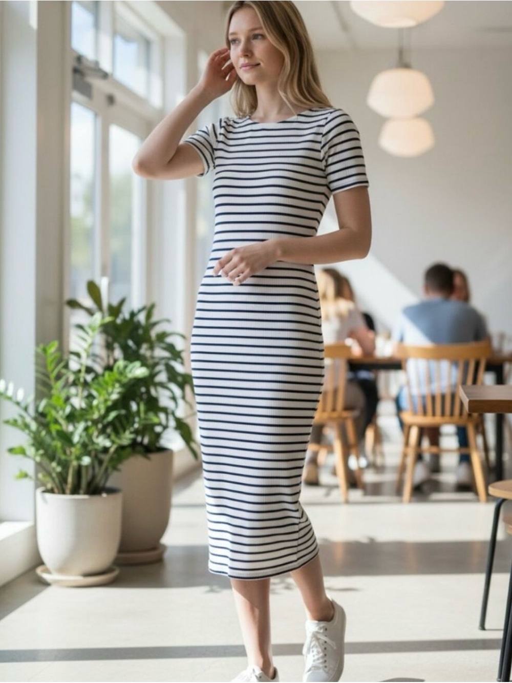 Club Monaco White and Navy Striped Short-Sleeve Midi Dress